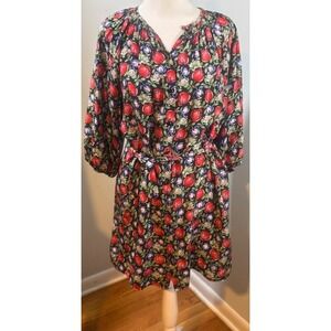 Tucker Silk Floral Mini Dress Size S Smocked Neck Long‎ Sleeve Black Red